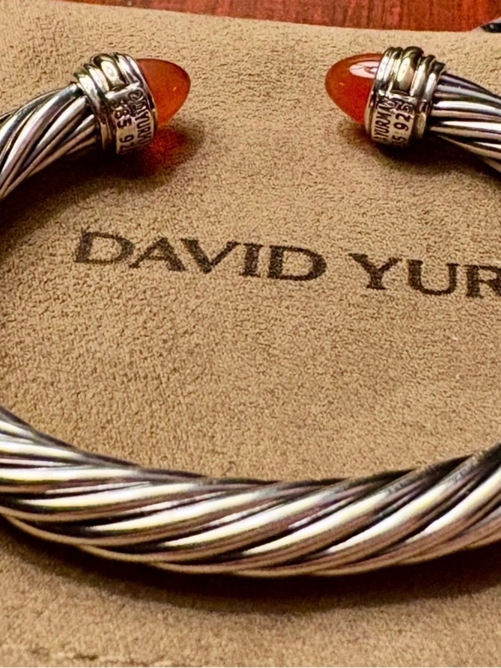 David Yurman Sterling Cable Cuff with Orange Stone Terminals - Picture 2 of 5